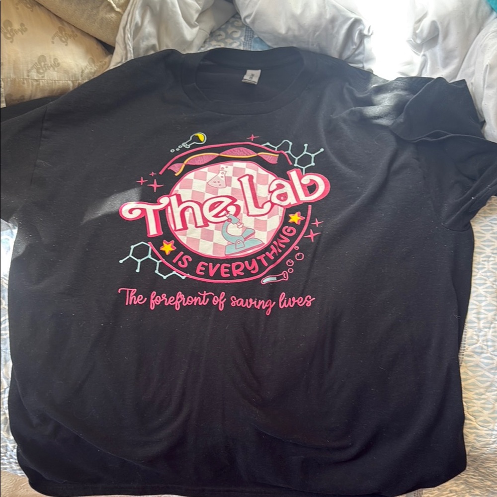 Black Graphic T-Shirt with Pink and White Design